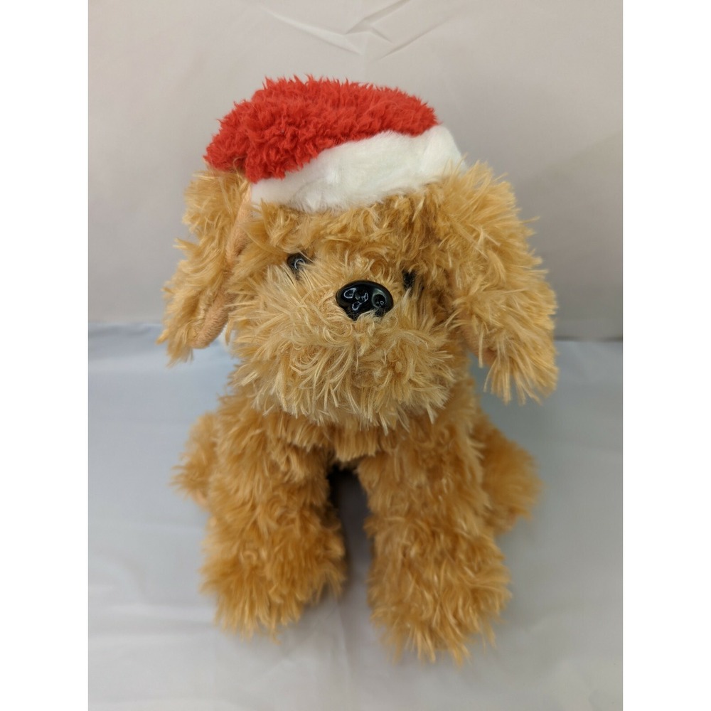 Dan Dee Tan Dog Plush Furry 10 Inch Santa Cap Hat Stuffed Animal Toy